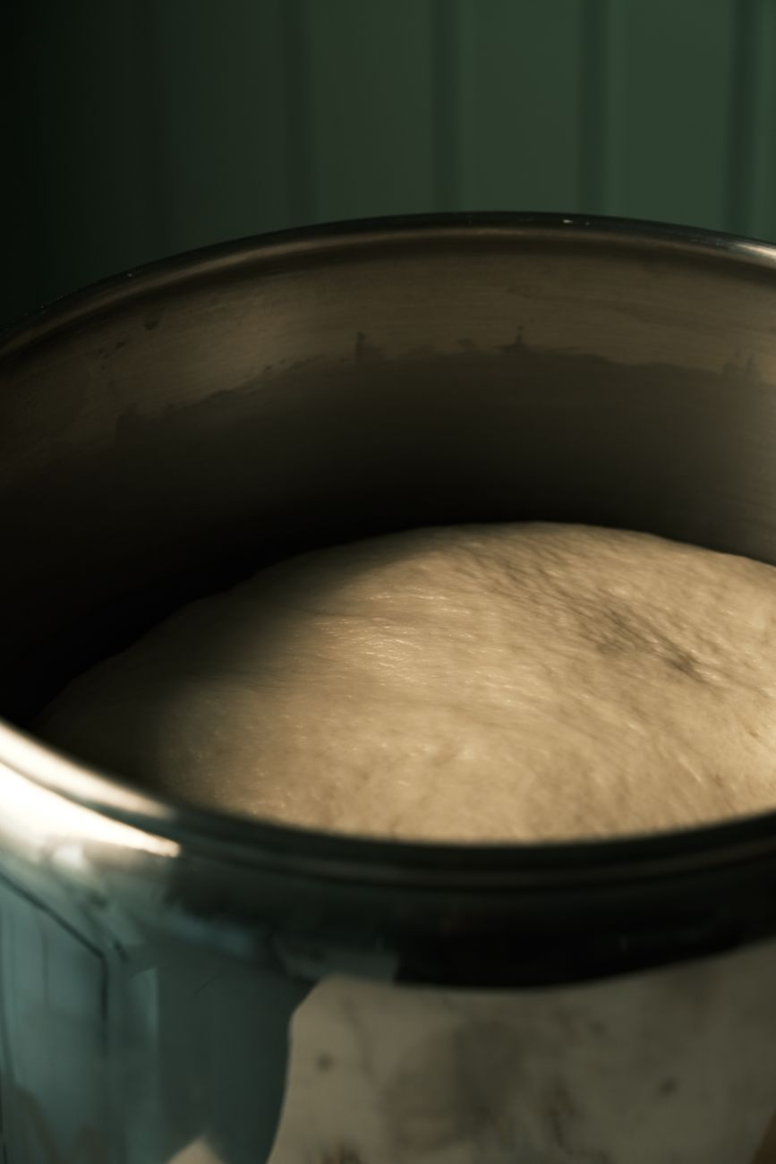 Close-up of bread dough rising in a metal bowl, ready for baking.